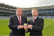 11 October 2013; Former GAA President Sean Kelly MEP, right, presents Uachtarán Chumann Lúthchleas Gael Liam Ó Néill with the European Citizen's medal after the Gaelic Athletic Association was announced as winner of the European Citizen's Prize 2013. Croke Park, Dublin. Picture credit: Matt Browne / SPORTSFILE