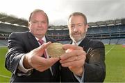 11 October 2013; Former GAA President Sean Kelly MEP, right, presents Uachtarán Chumann Lúthchleas Gael Liam Ó Néill with the European Citizen's medal after the Gaelic Athletic Association was announced as winner of the European Citizen's Prize 2013. Croke Park, Dublin. Picture credit: Matt Browne / SPORTSFILE