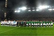 11 October 2013; The two teams stand for the National Anthems before the game. 2014 FIFA World Cup Qualifier, Group C, Germany v Republic of Ireland, Rhine Energie Stadion, Cologne, Germany. Picture credit: David Maher / SPORTSFILE