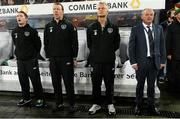 11 October 2013; Republic of Ireland interim manager Noel King, right, with, from left to right, player Robbie Keane, goalkeeping coach Alan Kelly and High Performance director Ruud Dokter, during the playing of the National Anthem. 2014 FIFA World Cup Qualifier, Group C, Germany v Republic of Ireland, Rhine Energie Stadion, Cologne, Germany. Picture credit: David Maher / SPORTSFILE