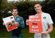 13 October 2013; The FAI and anti-racism education charity 'Show Racism the Red Card' announced details today of the upcoming FARE activities taking place in Ireland, which runs from the 15th to the 29th of October. Highlights of the fortnight will include a multicultural procession of children accompanying players onto the pitch for the forthcoming Ireland v Kazakhstan game, as well as the unfurling of giant anti-racism banners during various international and Airtricity League games by football supporters.  In addition, FAI Development Officers will deliver 'Show Racism the Red Card' workshops to children in over 100 schools, reaching an anticipated 6,000 young people over the course of the two weeks. Pictured at the launch is Republic of Ireland's Sean St.Ledger, left, and Ciaran Clark. Portmarnock Golf Links Hotel, Portmarnock, Co. Dublin. Picture credit: David Maher / SPORTSFILE