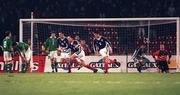 18 November 1998; Predrag Mijatovic of Yugoslavia celebrates after scoring his side's first goal as Republic of Ireland players look on during the UEFA Euro 2000 Group 8 Qualifier between Yugoslavia and Republic of Ireland at the Red Star Stadium, in Belgrade, Yugoslavia. Photo by Brendan Moran/Sportsfile