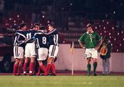 18 November 1998; Yugoslavia players celebrate their winning goal as Jason McAteer of Republic of Ireland, right,  looks on dejected during the UEFA Euro 2000 Group 8 Qualifier between Yugoslavia and Republic of Ireland at the Red Star Stadium, in Belgrade, Yugoslavia. Photo by Brendan Moran/Sportsfile