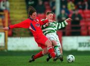 10 January 1998. Dessie Baker of Shelbourne in action against Richie Purdy of Shamrock Rovers during the Harp Lager League Cup First Round match between Shelbourne and Shamrock Rovers at Tolka Park in Dublin. Photo by Brendan Moran/Sportsfile.