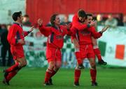 10 January 1998. Stephen Geoghegan of Shelbourne celebrates with team-mates, from left, Pat Fenlon, Dessie Baker and Tony Sheridan  after scoring his side's first goal during the Harp Lager League Cup First Round match between Shelbourne and Shamrock Rovers at Tolka Park in Dublin. Photo by Brendan Moran/Sportsfile.