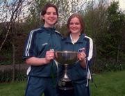 20 April 1998; Ireland Under 18 Women Joint Captains Susan Moran, left, and Denise Walsh, with the cup during the homecoming of Ireland Under-18 Basketball Team, after winning the 4 Nations Tournament in Wales, at Dublin Airport in Dublin. Photo by Matt Browne/Sportsfile.