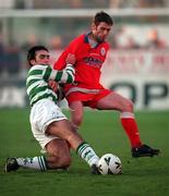 10 January 1998. Tony Sheridan of Shelbourne is tackled by Terry Palmer of Shamrock Rovers during the Harp Lager League Cup First Round match between Shelbourne and Shamrock Rovers at Tolka Park in Dublin. Photo by Brendan Moran/Sportsfile.