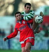 10 January 1998. Tony Sheridan of Shelbourne in action against Terry Palmer of Shamrock Rovers during the Harp Lager League Cup First Round match between Shelbourne and Shamrock Rovers at Tolka Park in Dublin. Photo by Brendan Moran/Sportsfile.