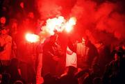 18 November 1998; Yugoslav fans celebrate with flares after their side scored a goal during the UEFA Euro 2000 Group 8 Qualifier between Yugoslavia and Republic of Ireland at the Red Star Stadium, in Belgrade, Yugoslavia. Photo by David Maher/Sportsfile