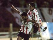1 October 2004; Davy Byrne, left, Derry City, celebrates after scoring his sides first goal with team-mate Gareth McGlynn. FAI Carlsberg Cup Semi-Final, Derry City v Waterford United, Brandywell, Derry. Picture credit; David Maher / SPORTSFILE