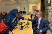 16 October 2013; Republic of Ireland interim manager Noel King shakes hands with RTE soccer correspondent Tony O'Donoghue after the press conference. FAI Headquarters, Abbotstown, Dublin. Picture credit: Matt Browne / SPORTSFILE