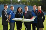 17 October 2013; CityJet and Leinster Rugby are proud to renew their partnership, so that CityJet will continue as the official airline for Leinster Rugby for another three years, 2013-2015. CityJet will be proudly carrying the two time League winners, 2013 Amlin Challenge Cup holders, and 2009, 2011 and 2012 Heineken Cup champions on their journey around Europe in search of silverware in the PRO12 and Heineken Cup pool stage matches. In attendance at the announcement are, from left, Niall Lawson, CityJet captain, Jimmy Gopperth, Leinster player, Christine Ourmieres, Chief Executive, CityJet, Mick Dawson, Chief Executive, Leinster Rugby, Matt O'Connor, Leinster head coach and Melissa Ruddy, CityJet Cabin Crew Member. RDS, Ballsbridge, Dublin. Picture credit: Matt Browne / SPORTSFILE