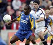 3 October 2004; Eric Levine, Longford Town, in action against Danny O'Connor, Drogheda United. FAI Carlsberg Cup Semi-Final, Longford Town v Drogheda United, Flancare Park, Longford. Picture credit; David Maher / SPORTSFILE