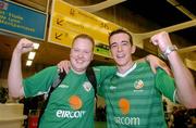 7 October 2004; Republic of Ireland supporters, Kevin Madden, left, and Alan Reinheardt, both from Dublin, on their arrival at Charles De Gaulle Airport prior to their FIFA World Cup 2006 Qualifier game against France. Paris, France. Picture credit; David Maher / SPORTSFILE