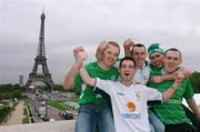 8 October 2004; Republic of Ireland fans, left to right, Brian Moore, Jason Keeley, Kenneth Gibney, Derek Gibney and Gavin Gibney, show their support at the Eiffel Tower ahead of the Republic of Ireland's FIFA World Cup 2006 Qualifier game against France. Stade de France, Paris, France. Picture credit; David Maher / SPORTSFILE
