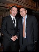 17 October 2013; Lloyd O'Shea, right, with former Cork goalkeeper Donal Og Cusack in attendance at a reception for the Celtic Champions Classic Super Hurling 11s. Drake Hotel, Chicago, USA. Picture credit: Ray McManus / SPORTSFILE