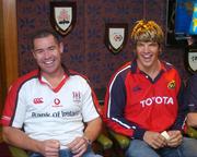 12 October 2004; Ulster's Andy Ward, left, and Munster's Donnacha O'Callaghan share a laugh at the Irish launch of the 2004/2005 Heineken Cup campaign. St. Stephen's Green, Dublin. Picture credit; Brian Lawless / SPORTSFILE