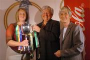 13 October 2004; Miriam O'Callaghan, President of the Camogie Association, left, is presented with the Eileen Dubhthaigh Ui Mhathúna cup by Eileen Duffy O'Mahony, who donated the cup, and Ardstiúrthóir of the Camogie Association Sheila Wallace, right, at the launch of the 2004 Coca Cola International camogie competition between Ireland, An Bhreatain, and USA. Citywest Hotel, Dublin. Picture credit; Pat Murphy / SPORTSFILE