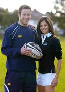 14 October 2004; Leinster's Gary Brown, who was presented with the Guinness Celtic League player of the month award for September, in the company of model Martha Christie. Old Belvedere Rugby Club, Dublin. Picture credit; Brendan Moran / SPORTSFILE
