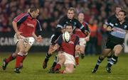 16 October 2004; Marcus Horan, Munster, passes to team-mate Christian Cullen despite the presence of Lee Thomas, Cardiff Blues. Celtic League 2004-2005, Munster v Cardiff Blues, Thomond Park, Limerick. Picture credit; Brendan Moran / SPORTSFILE