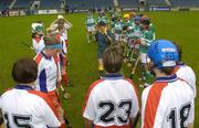 14 October 2004; Referee Ann Derham speaks to the USA and British teams before the match. International Camogie Competition, USA v Britain, Parnell Park, Dublin. Picture credit; Damien Eagers / SPORTSFILE