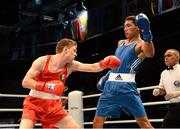 26 October 2013; Jason Quigley, left, Finn Valley BC, Donegal, representing Ireland, exchanges punches with Zhanibek Alimkhanuly, Kazakhstan, during their Men's Middleweight 75Kg Final bout. AIBA World Boxing Championships Almaty 2013, Almaty, Kazakhstan. Photo by Sportsfile