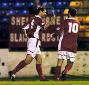 1 November 2004; Alan Moore, left, Shelbourne, celebrates after scoring his sides first goal with team-mate Jason Byrne. eircom league, Premier Division, Shelbourne v Longford Town, Tolka Park, Dublin. Picture credit; David Maher / SPORTSFILE