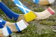 16 October 2004; Shinty sticks pictured on the sidelines. Ladies Camogie Shinty International, Ireland v Scotland, Rathoath GAA Club, Phairc Sean Eiffe, Co. Meath. Picture credit; Damien Eagers / SPORTSFILE