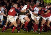 6 November 2004; Campbell Feather, Ulster, in action against Paul Burke (10), Dennis Leamy and David Wallace (right), Munster. Celtic League 2004-2005, Ulster v Munster, Ravenhill, Belfast. Picture credit; Matt Browne / SPORTSFILE