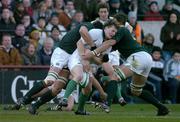 13 November 2004; Brian O'Driscoll, Ireland, drops the ball as he is tackled by John &quot;Bakkies&quot; Botha and Johann van Niekirk, South Africa. Rugby International, Ireland v South Africa, Lansdowne Road, Dublin. Picture credit; Brendan Moran / SPORTSFILE