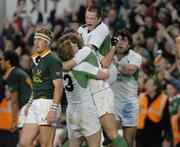 13 November 2004; Ireland's Brian O'Driscoll and Ronan O'Gara, Marcus Horan and Shane Horgan celebrate after the final whistle against South Africa. Rugby International, Ireland v South Africa, Lansdowne Road, Dublin. Picture credit; Matt Browne / SPORTSFILE