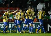 1 November 2013; Bray Wanderers' Gary Dempsey, hidden, celebrates with with team-mates after scoring his side's first goal. Airtricity League Promotion / Relegation Play-Off Final, 2nd Leg, Longford Town v Bray Wanderers City, Calling Stadium, Longford. Picture credit: David Maher / SPORTSFILE