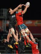 2 November 2013; Dave Foley, Munster, wins possession in a lineout ahead of Joe Bearman, Ospreys. Celtic League 2013/14, Round 7, Munster v Ospreys, Thomond Park, Limerick. Picture credit: Diarmuid Greene / SPORTSFILE