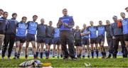 3 November 2013; Denis Connerton, Longford Slashers manager, speaks to his players after the game. AIB Leinster Senior Club Football Championship, Quarter-Final, Longford Slashers, Longford v Rathnew, Wicklow. Glennon Brothers Pearse Park, Longford. Picture credit: Pat Murphy / SPORTSFILE