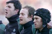 13 November 2004; Johnny O'Connor, Ireland, lines up alongside team-mates Denis Hickie and Shane Horgan, left, during the national anthem before the game. Rugby International, Ireland v South Africa, Lansdowne Road, Dublin. Picture credit; Brendan Moran / SPORTSFILE