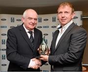 3 November 2013; John Toal, right, former Drogheda United player, is presented with his Hall of Fame award from FAI president Paddy McCaul. Aviva Stadium, Lansdowne Road, Dublin. Picture credit: David Maher / SPORTSFILE