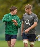 5 November 2013; Ireland's Brian O'Driscoll and Chris Henry in conversation during squad training ahead of their Guinness Series International match against Samoa on Saturday. Ireland Rugby Squad Training, Carton House, Maynooth, Co. Kildare. Picture credit: Brendan Moran / SPORTSFILE