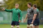 5 November 2013; Ireland's Chris Henry in conversation with Mike McCarthy and Luke McGrath during squad training ahead of their Guinness Series International match against Samoa on Saturday. Ireland Rugby Squad Training, Carton House, Maynooth, Co. Kildare. Picture credit: Brendan Moran / SPORTSFILE