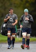 5 November 2013; Ireland's Donncha O'Callaghan, left, and Peter O'Mahony arrive for squad training ahead of their Guinness Series International match against Samoa on Saturday. Ireland Rugby Squad Training, Carton House, Maynooth, Co. Kildare. Picture credit: Brendan Moran / SPORTSFILE