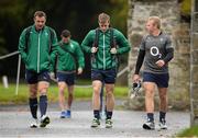 5 November 2013; Ireland's Tommy Bowe, left, Andrew Trimble and Luke Marshall arrive for squad training ahead of their Guinness Series International match against Samoa on Saturday. Ireland Rugby Squad Training, Carton House, Maynooth, Co. Kildare. Picture credit: Brendan Moran / SPORTSFILE