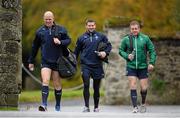 5 November 2013; Ireland's Paul O'Connell, left, Fergus McFadden and Sean Cronin, right, arrive for squad training ahead of their Guinness Series International match against Samoa on Saturday. Ireland Rugby Squad Training, Carton House, Maynooth, Co. Kildare. Picture credit: Brendan Moran / SPORTSFILE
