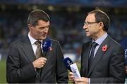 5 November 2013; New Republic of Ireland manager Martin O’Neill and assistant manager Roy Keane in their capacity as football analysts for ITV sport at the UEFA Champions League match between Real Sociedad and Manchester United. UEFA Champions League group stage, Group A, Real Sociedad v Manchester United, Estadio Anoeta, San Sebastian, Spain. Picture credit: SPORTSFILE