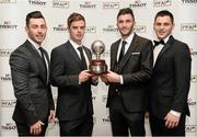 8 November 2013; Nominations for the Premier Division player of the year award, from left, Richie Towell, Dundalk FC, Greg Bolger, St.Patrick's Athletic, Killian Brennan, St.Patrick's Athletic, and Patrick Hoban, Dundalk FC, in attendance at the Tissot / PFAI Player of the Year Awards 2013. Hilton DoubleTree, Ballsbridge, Dublin. Picture credit: David Maher / SPORTSFILE