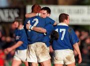 13 February 1999; Paddy Lane and Ray McIlreavy of St Mary's College celebrate at the full-time whistle following the AIB All-Ireland League Division 1 match between St Mary's College and Shannon RFC at Templeville Road in Dublin. Photo by Brendan Moran/Sportsfile