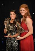 9 November 2013; Kerry players Sarah Houlihan, left, and Louise Ni Mhuircheartaigh with their TG4 Ladies Football All-Star Awards. TG4 Ladies Football All-Star Awards 2013, Citywest Hotel, Saggart, Co. Dublin. Picture credit: Brendan Moran / SPORTSFILE