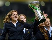 9 November 2013; Ireland captain Fiona Coghlan and team-mates with the RBS Women's Six Nations Championship trophy at half-time. Guinness Series International, Ireland v Samoa, Aviva Stadium, Lansdowne Road, Dublin. Picture credit: Stephen McCarthy / SPORTSFILE