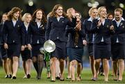 9 November 2013; Ireland captain Fiona Coghlan and team-mates with the RBS Women's Six Nations Championship trophy at half-time. Guinness Series International, Ireland v Samoa, Aviva Stadium, Lansdowne Road, Dublin. Picture credit: Stephen McCarthy / SPORTSFILE