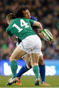 9 November 2013; Taiasina Tuifua, Samoa, is tackled by Tommy Bowe, Ireland. Guinness Series International, Ireland v Samoa, Aviva Stadium, Lansdowne Road, Dublin. Picture credit: Stephen McCarthy / SPORTSFILE