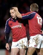 8 January 2005; Christian Cullen, Munster, is congratulated by team-mate Shaun Payne, on scoring his sides second try against Neath-Swansea Ospreys. Heineken European Cup 2004-2005, Round 5, Pool 4, Munster v Neath-Swansea Ospreys, Thomond Park, Limerick. Picture credit; Brendan Moran / SPORTSFILE