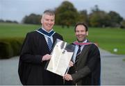 14 November 2013; David Moriary, from Annacotty, Co. Limerick, left, with Setanta College tutor Stephen McIvor following their Setanta College graduation awards ceremony. Carton House, Maynooth, Co. Kildare. Picture credit: Stephen McCarthy / SPORTSFILE